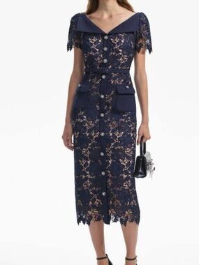 Self-Portrait Navy and Beige Lace Midi Dress